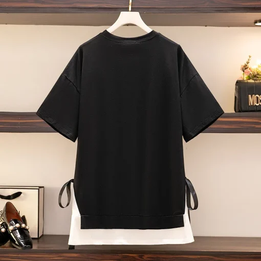 Plus Size Women's Loose Lace-Up Stitching T-Shirt Top - Image 3