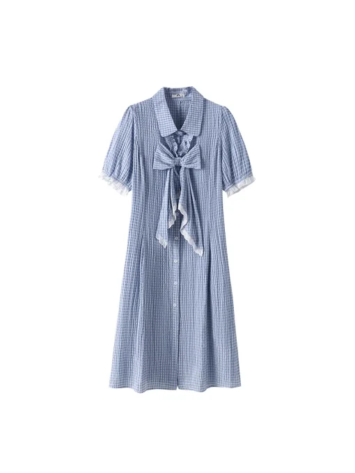 Plus Size Women's Summer Loose Blue Plaid Polo Collar Dress - Image 6