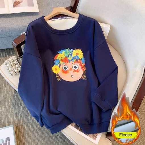 Plus Size Loose Fleece Sweatshirt with Printed Design