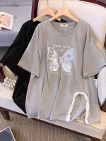 Plus Size Women's Summer Loose Sequin Lace Slit T-shirt