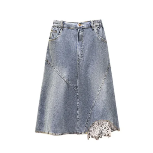 Plus Size Women's High Waist Lace A-Line Denim Skirt - Image 6