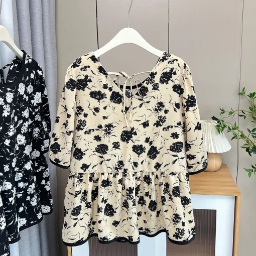 Plus Size Floral Puff Sleeve Sweet Fashion Blouse - Image 3