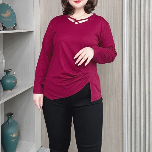 Plus Size Women’s Long Sleeve Hollow V-Neck Basic Tee - Image 5