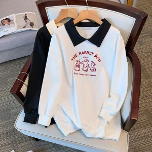 Plus Size Women's Rabbit Embroidered Polo Collar Sweatshirt