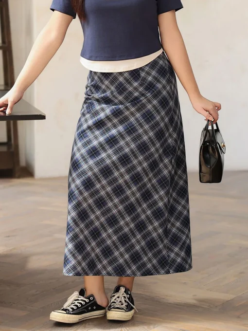 Blue Plaid Back Slit Long Skirt for Women