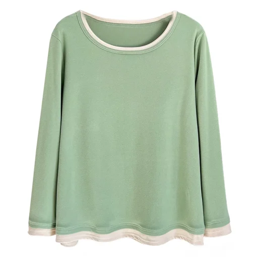 Plus Size Block Color O-Neck Velvet Warm T-Shirt