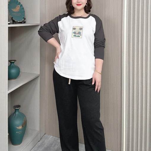 Plus Size Long Sleeve Block Color Casual T-Shirt - Image 3