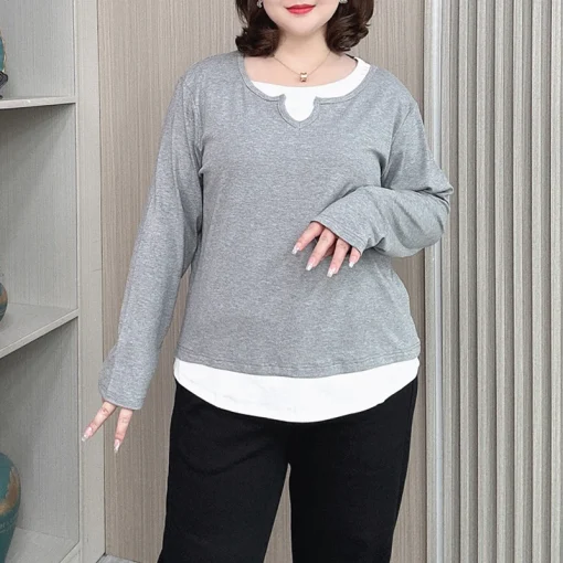 Plus Size Autumn Long Sleeve Loose Fake Two-Piece T-Shirt - Image 3