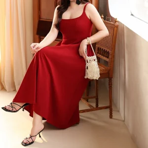 Women's Square Collar A-Line Black Long Dress, Plus Size