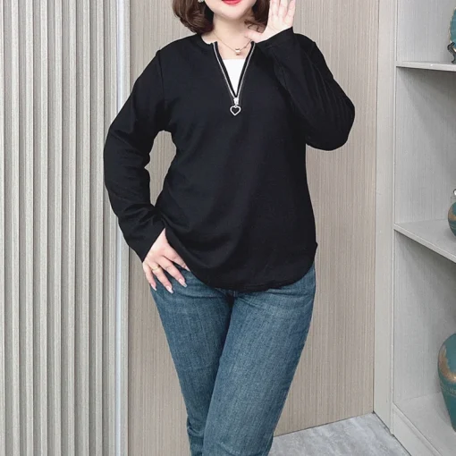 Women's Plus Size Fake Two-Piece Long Sleeve T-Shirt - Image 4