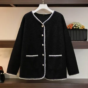 Plus Size Loose V-Neck Imitation Lamb Wool Jacket