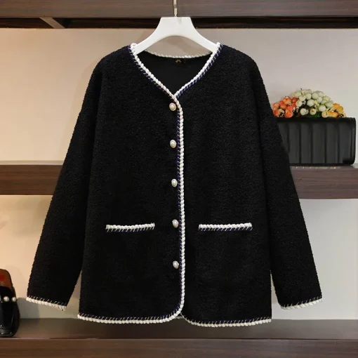 Plus Size Loose V-Neck Imitation Lamb Wool Jacket