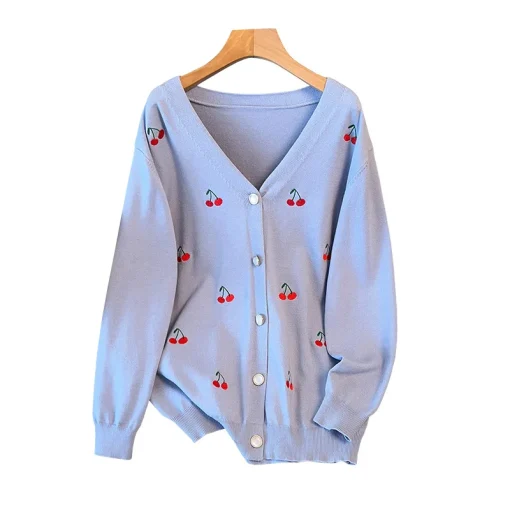 Plus Size Women's Loose V-Neck Cherry Knitted Cardigan Coat - Image 6