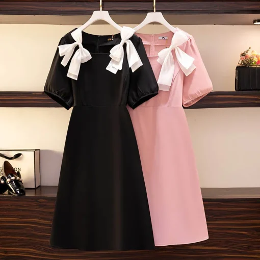 Plus Size Women's Loose Bow Short Sleeve Square Neck Dress