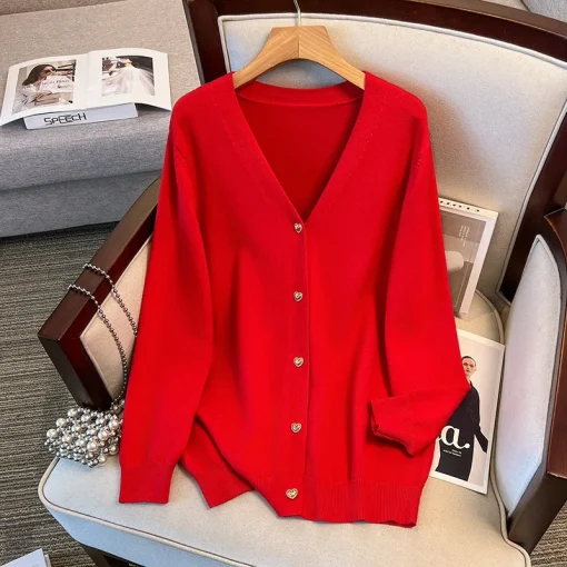 Plus Size Loose V-Neck Knitted Cardigan Sweater Jacket - Image 4