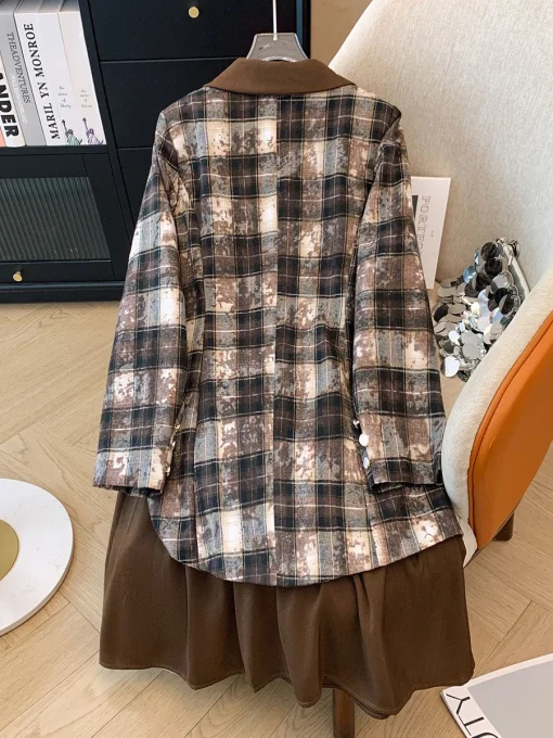 Plus Size Autumn Loose Notched Fake Two-Piece Plaid Dress - Image 3