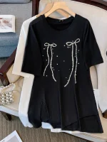 Plus Size Women's Fresh Bow Print Summer T-Shirt Top