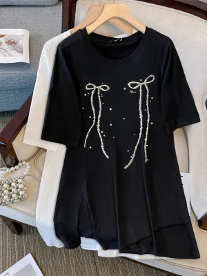Plus Size Women's Fresh Bow Print Summer T-Shirt Top
