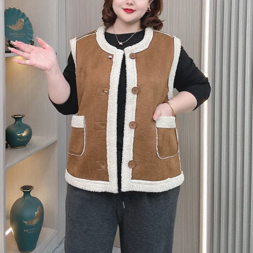 Plus Size Warm Fleece-Lined Suede Vest Coat Waistcoat