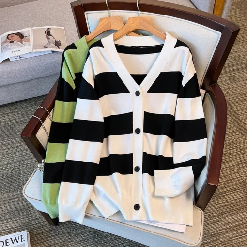 Plus Size Women's V-Neck Striped Cardigan Sweater Jacket - Image 3