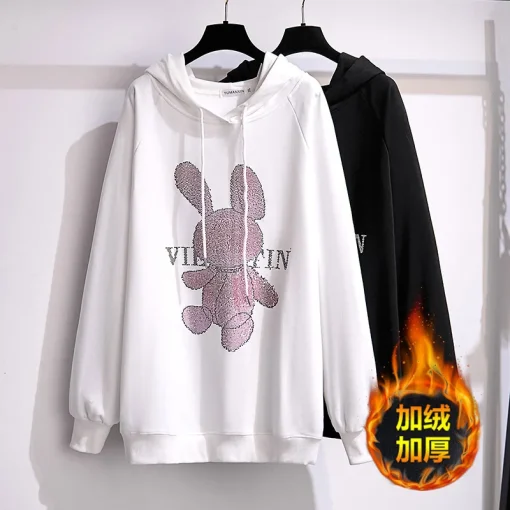 Plus Size Loose Fleece Cartoon Hooded Sweatshirt for Women