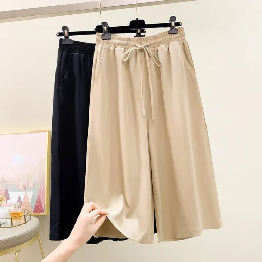 Plus Size Elastic Waist Wide Leg Casual Pants Women