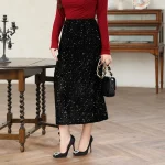 French Mid-Length Straight High Waist Sequined Skirt, Plus Size