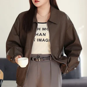 Retro Loose Motorcycle Jacket for Women, Casual PU Leather Coat