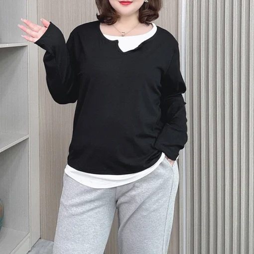 Plus Size Autumn Long Sleeve Loose Fake Two-Piece T-Shirt - Image 4