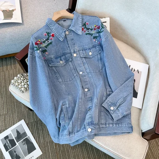 Plus Size Women's Loose Retro Embroidered Casual Denim Jacket