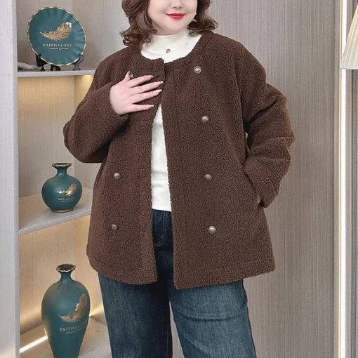 Plus Size Women’s Fleece Coat Winter Warm Double Breasted Jacket