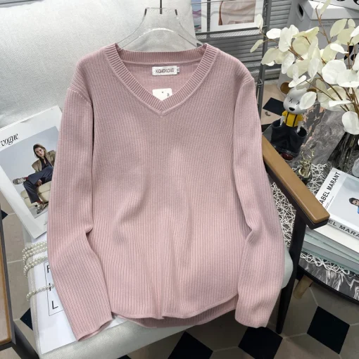 Plus Size V-neck Long Sleeve Knitted Sweater for Women - Image 6