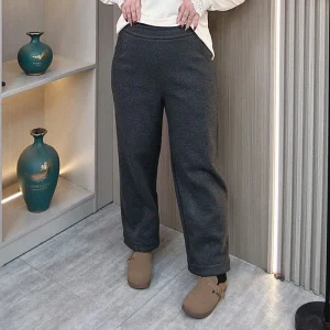 Plus Size Women's Elastic Waist Fleece Woolen Straight Leg Pants