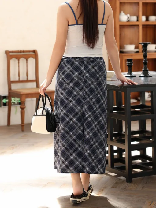 Blue Plaid Back Slit Long Skirt for Women - Image 5