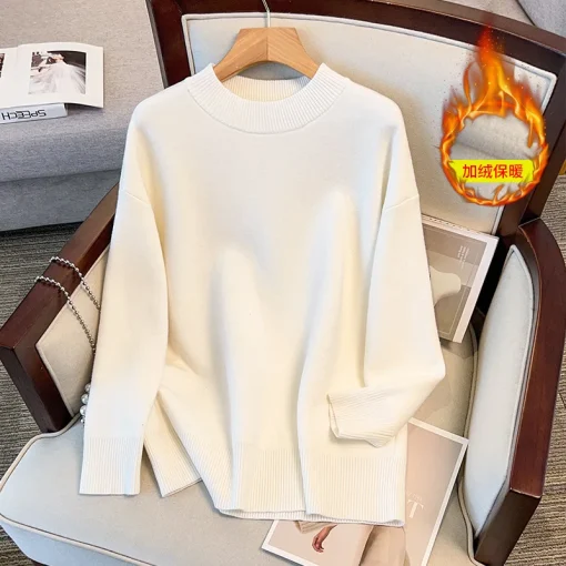 Plus Size Winter Fleece Loose Round Neck Pullover Sweater - Image 3