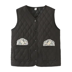 Plus Size Women’s Cotton-Padded Embroidery Lace Sleeveless Parka