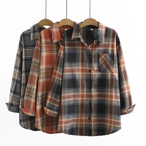 Plus Size Plaid Cotton Long Sleeve Blouse for Women - Image 3