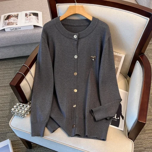 Plus Size Loose Knitted Cardigan Sweater Jacket Black Gray - Image 4