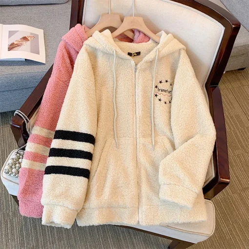 Plus Size Women's Loose Warm Lamb Wool Hooded Cardigan