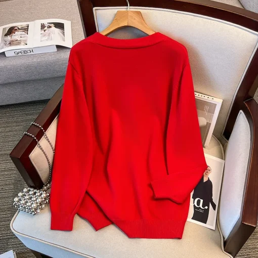 Plus Size Loose V-Neck Knitted Cardigan Sweater Jacket - Image 5