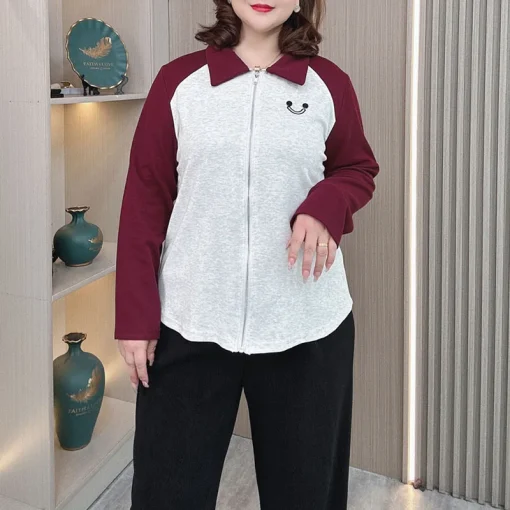 Plus Size Polo Collar Hoodie Casual Zipper Sweatshirt