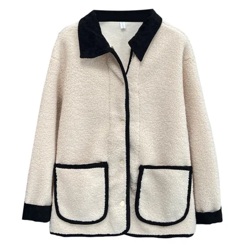 Plus Size Women’s Sherpa Coat, Block Color Lapel Jacket - Image 6