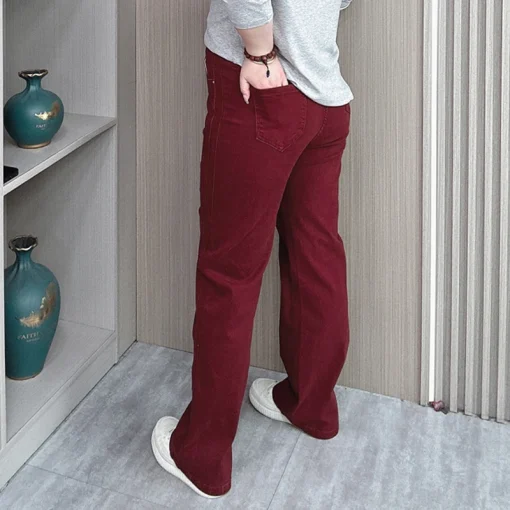 Plus Size High Waisted Loose Wine Red Straight Leg Jeans - Image 3