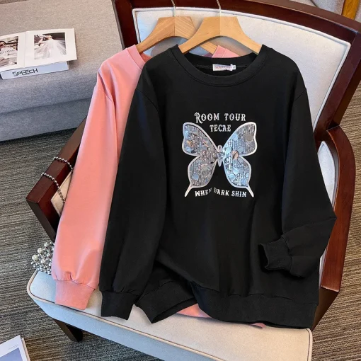 Plus Size Loose Round Neck Sequined Butterfly Sweatshirt