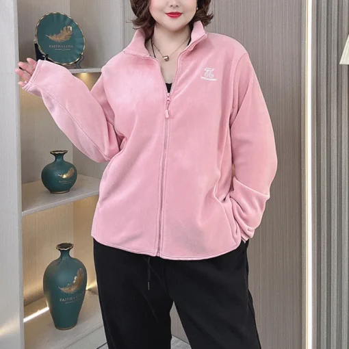 Plus Size Women’s Fleece Jacket, Embroidered Warm Hoodie Cardigan