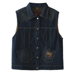 Plus Size Women's Fashion Print Washed Denim Sleeveless Vest