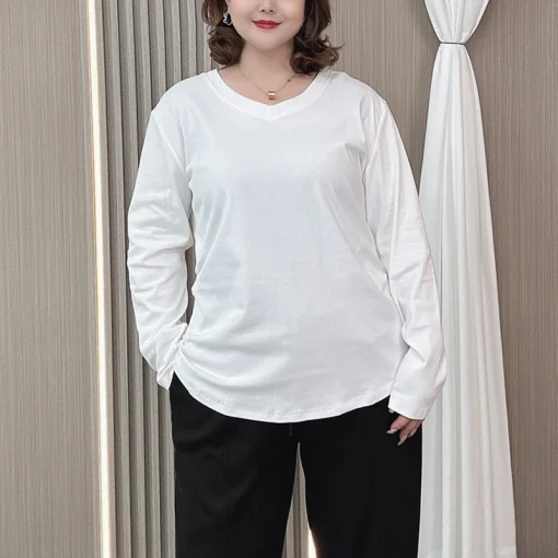 Plus Size V-Neck Long Sleeve Autumn Loose Fit Tee - Image 2