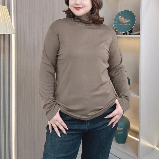 4XL Plus Size Women’s Slim Long Sleeve Turtleneck Brushed T-Shirt - Image 2