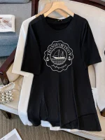 Plus Size Women's Summer Loose Printed Cotton T-shirt Black White