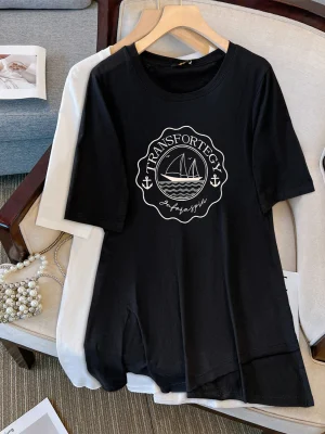 Plus Size Women's Summer Loose Printed Cotton T-shirt Black White
